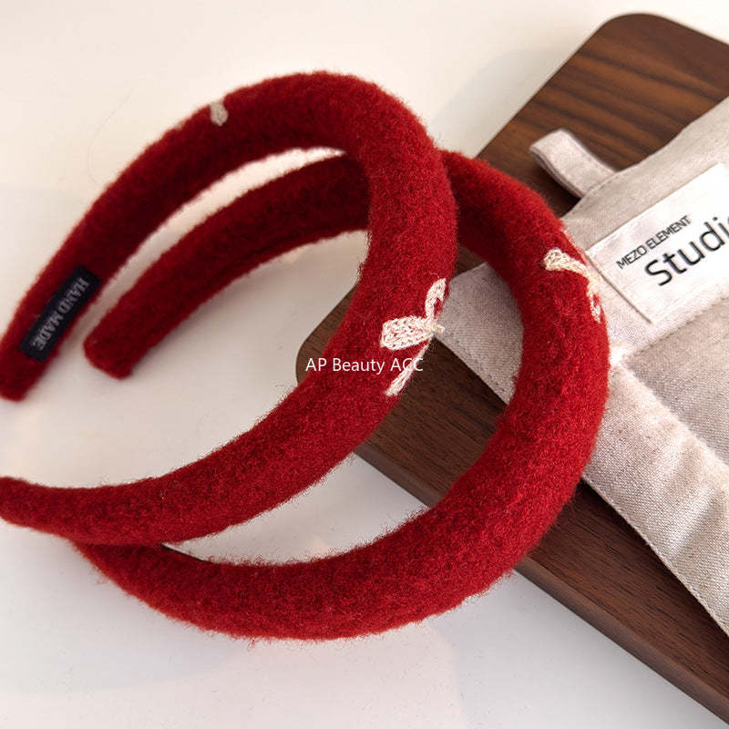 E廠-新年紅色刺繡蝴蝶結高顱頂髮箍女溫柔外出高級感頭箍髮捆可愛髮飾「27756」25.12-1