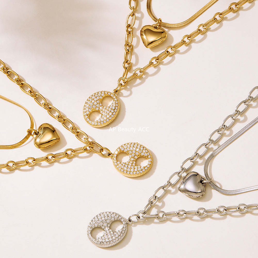 B廠-不鏽鋼雙層疊戴愛心豬鼻子鋯石項鍊 鍍18k金歐美百搭項飾「P100」25.11-3