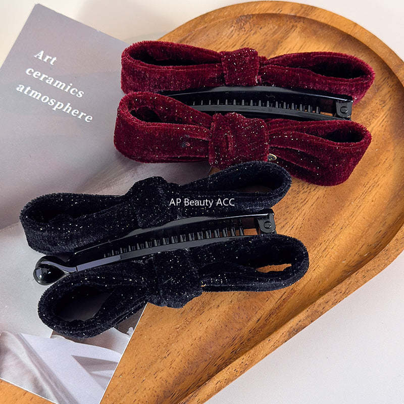 E廠-復古金絲絨細閃蝴蝶結香蕉夾女扭扭夾秋冬新款高馬尾竪夾髮卡髮飾「27763」25.12-1