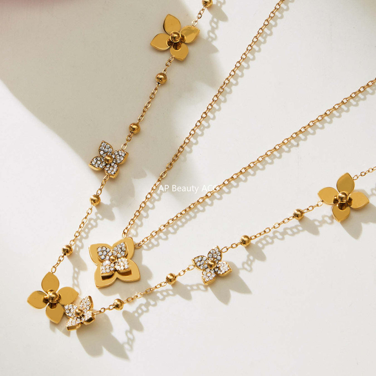 B廠-熱銷新品重十字夾珠鬱金香花朵鑲鋯石滿鑽鎖骨項鍊戒指套裝「TXP489」25.11-4