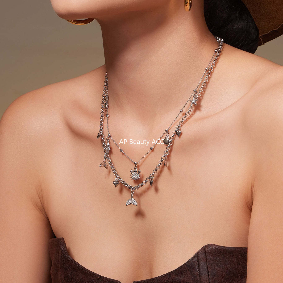 B廠-不鏽鋼DIY熱銷新款貝殼螃蟹5A鋯石帶鑽吊墜海洋沙灘風項鍊「P826」25.11-4