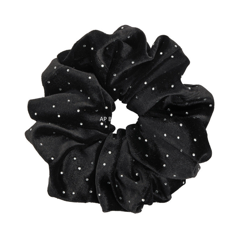 E廠-秋冬高級感韓系黑色絲絨燙鑽大腸髮圈百搭實用馬尾髮繩復古髮飾女「27641」25.11-1