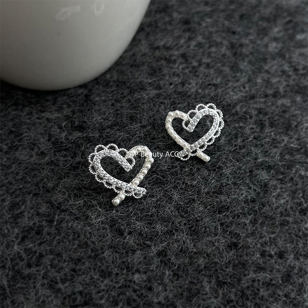 A廠-微鑲鋯石925銀針蕾絲鏤空愛心銀色耳環 氣質簡約甜美新款耳飾「7067」25.11-2