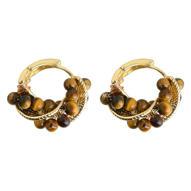 A廠-爆款虎眼石美拉德風時尚高級感手工幾何麻花圓形耳環文藝復古耳飾「7149」25.11-4