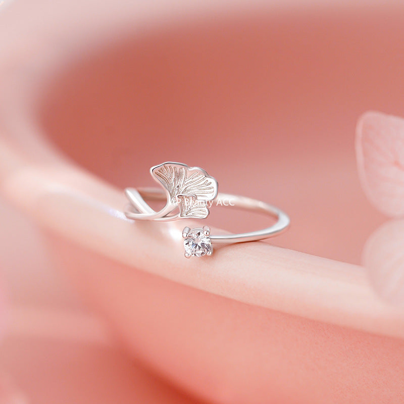 D廠-S925純銀銀杏葉鋯石戒指森系立體花卉質感精緻溫柔食指手飾「YC3430R_1」25.11-2