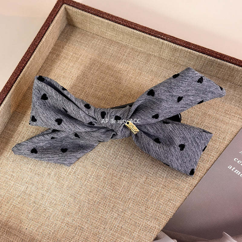 E廠-韓ins愛心波點毛呢格紋蝴蝶結金標後腦勺盤髮夾扎馬尾橫夾髮夾「27749」25.12-1