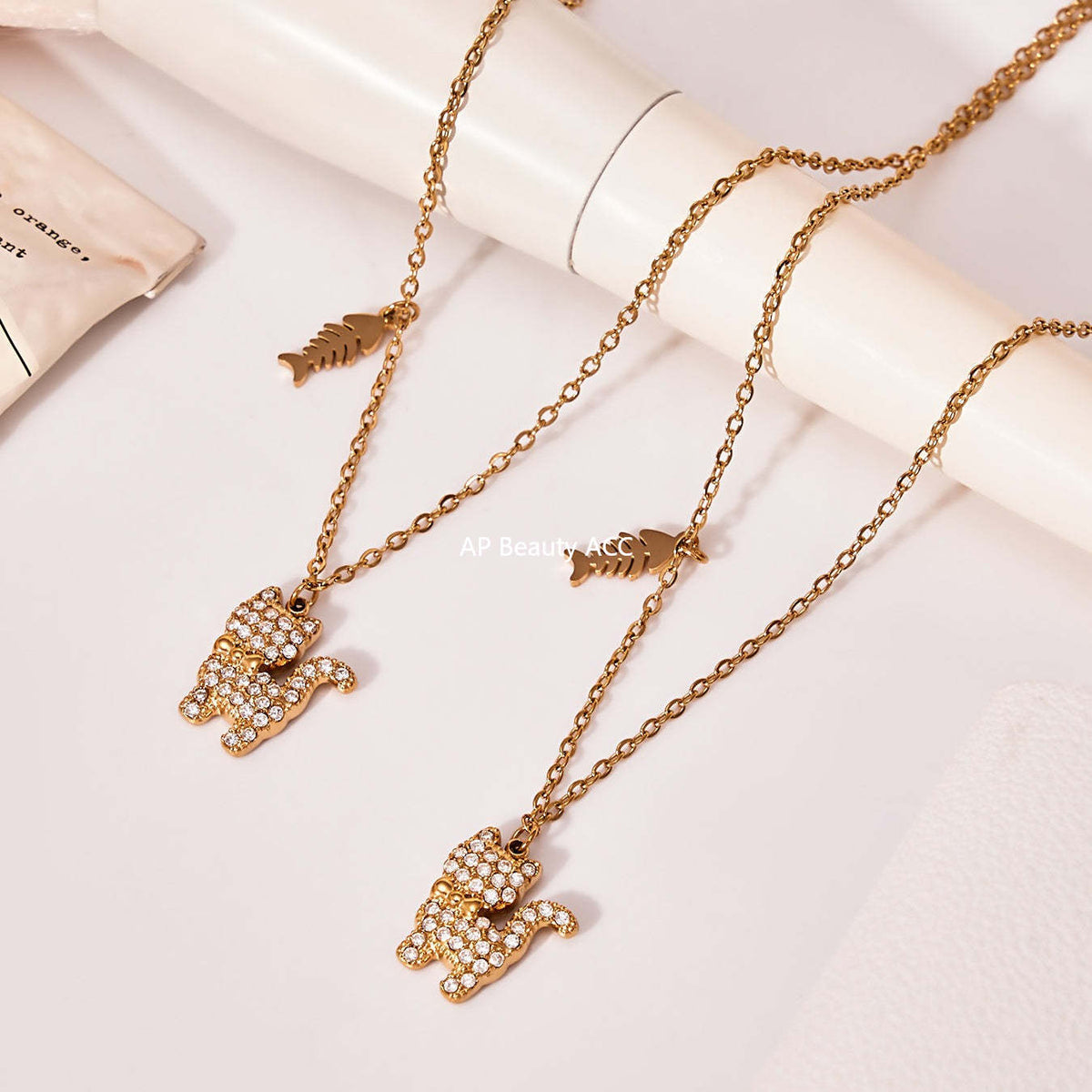 B廠-時尚可愛小貓帶鑽吊墜手鍊項鍊套裝不鏽鋼鍍18k真金不掉色「TXP464」25.11-3