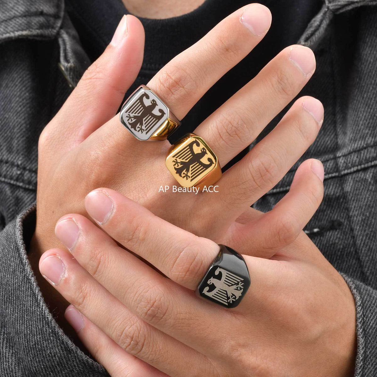 G廠-不鏽鋼鐳射鷹標男士復古符文戒指「RC-294」25.12-2