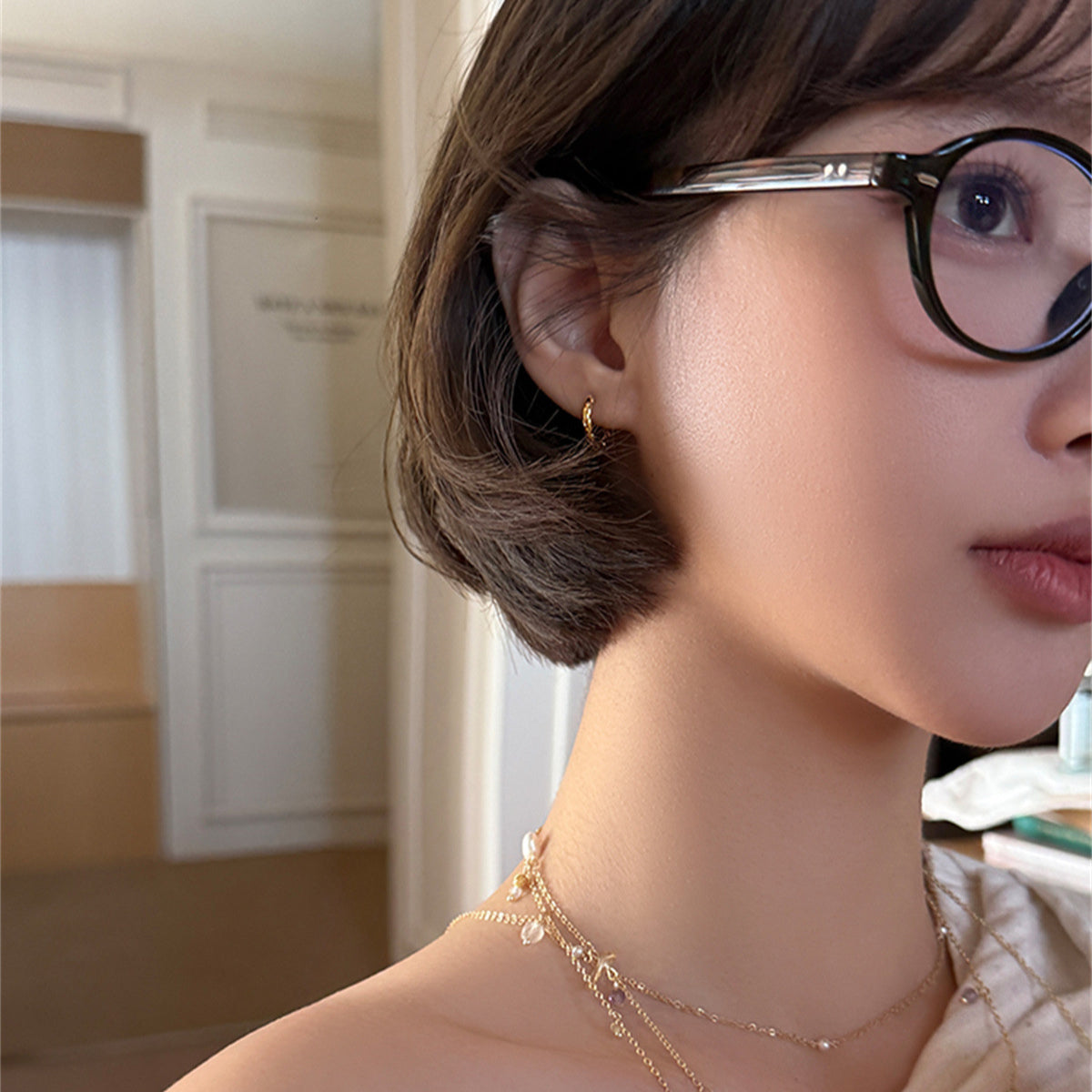 C廠-韓系風菱格紋素圈耳環女時尚通勤高級感銀針耳圈百搭氣質輕奢耳飾「EH-3956」25.09-2