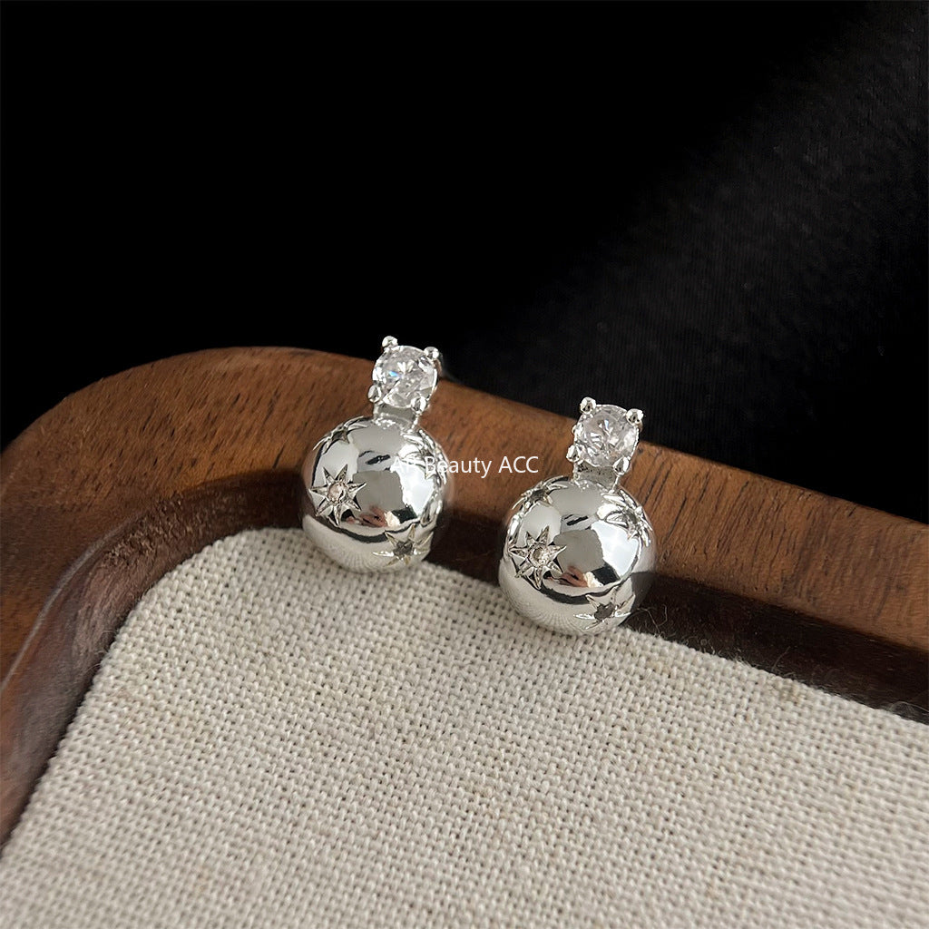 A廠-甜酷風微鑲鋯石芒星925銀針半圓幾何高級感個性新耳飾工廠 耳釘「7056」25.11-2