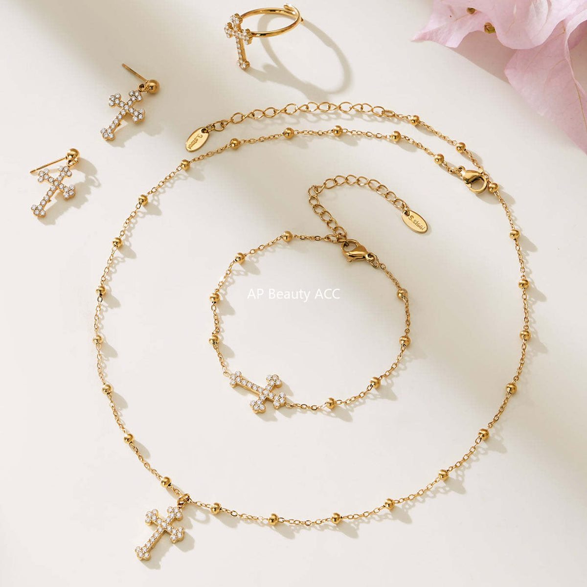 B廠-超閃5A鋯石十字架吊墜項鍊手鍊耳環戒指首飾套裝不鏽鋼材質「TXP487」25.11-4