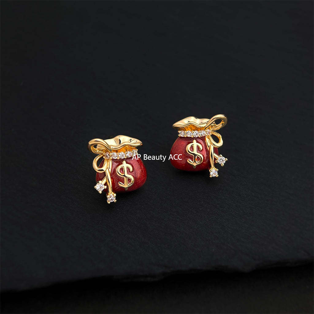 A廠-原創錢袋~微鑲鋯石925銀針琺瑯滴釉酒紅色時尚設計感耳飾耳環「7035」25.11-1