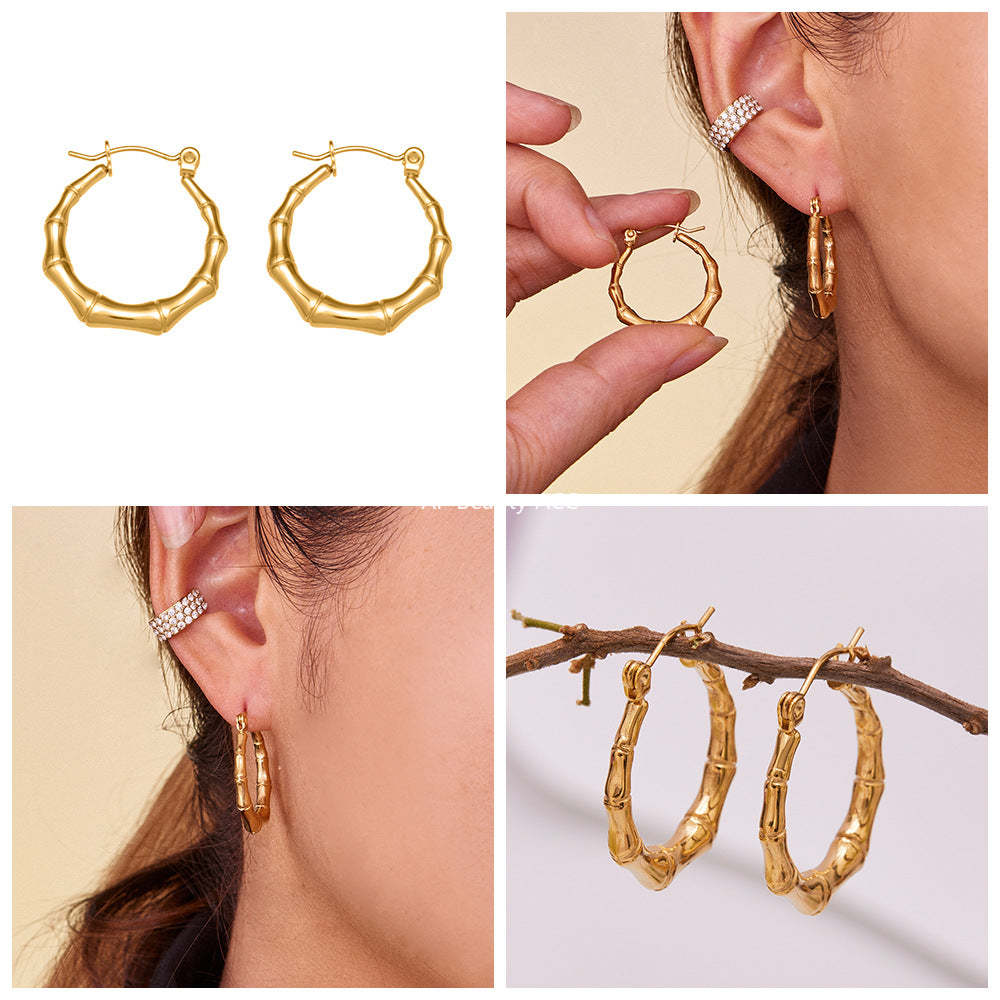 B廠-不鏽鋼幾何竹節U型耳環ins小眾設計耳飾鍍18k真金珠寶首飾「F622」25.10-5