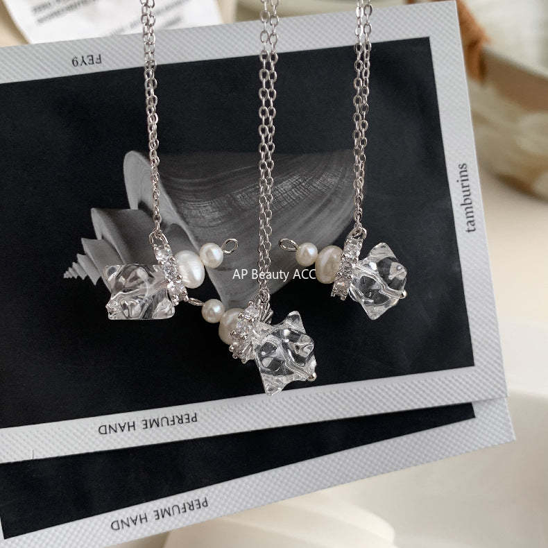 C廠-韓國ins風小眾設計 守護星 天然白水晶天然淡水珍珠S925純銀項鍊「1497」25.11-3