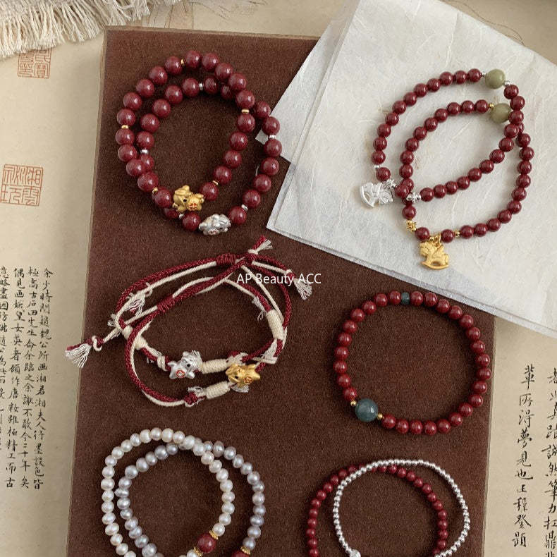 C廠-高含量天然朱砂手鍊女本命年屬馬生肖馬年琺瑯四葉草紫金砂手串「1638」25.12-3