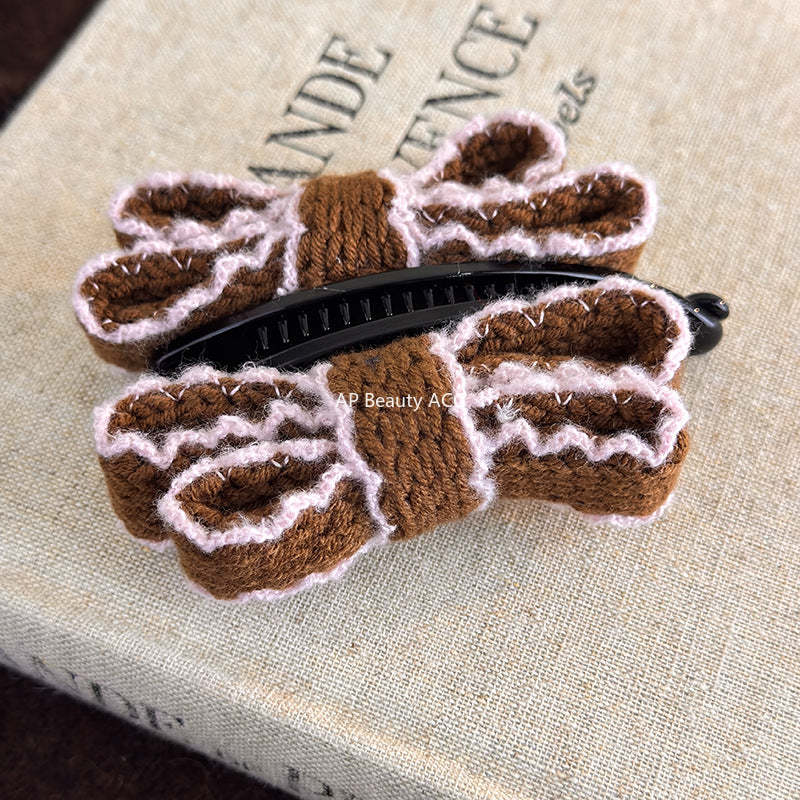 E廠-韓國復古針織毛線雙層蝴蝶結髮夾香蕉夾2025新款秋冬款盤髮馬尾夾「27758」25.12-1