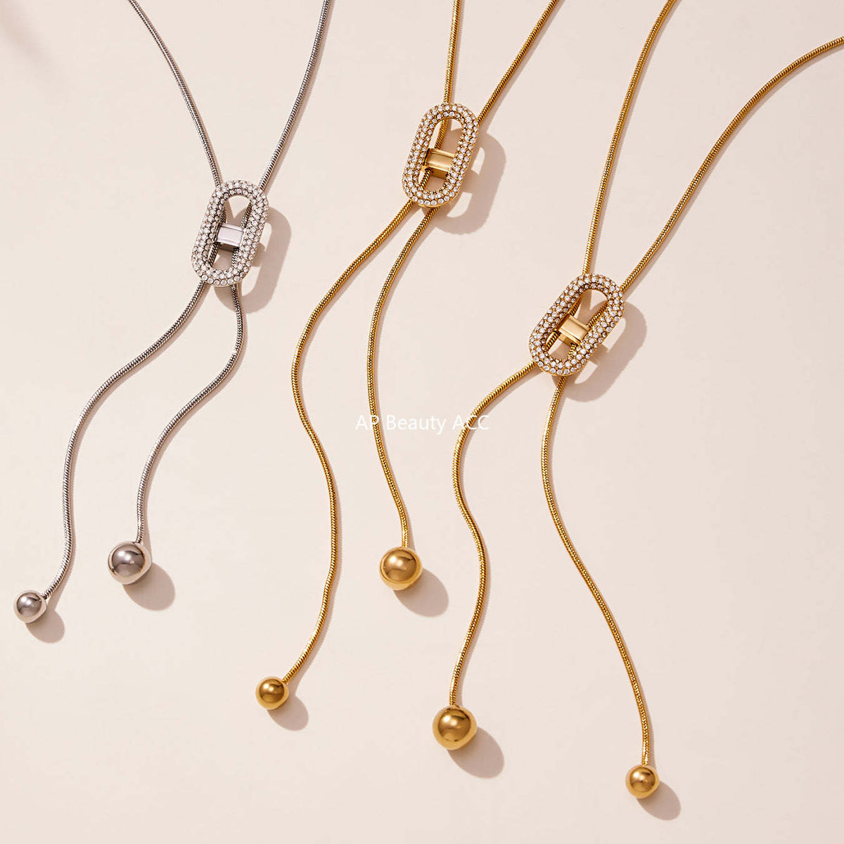 B廠-超閃5A鋯石日字抽拉項鍊不鏽鋼鍍18k真金跨境新款珠寶首飾「P560」25.11-3