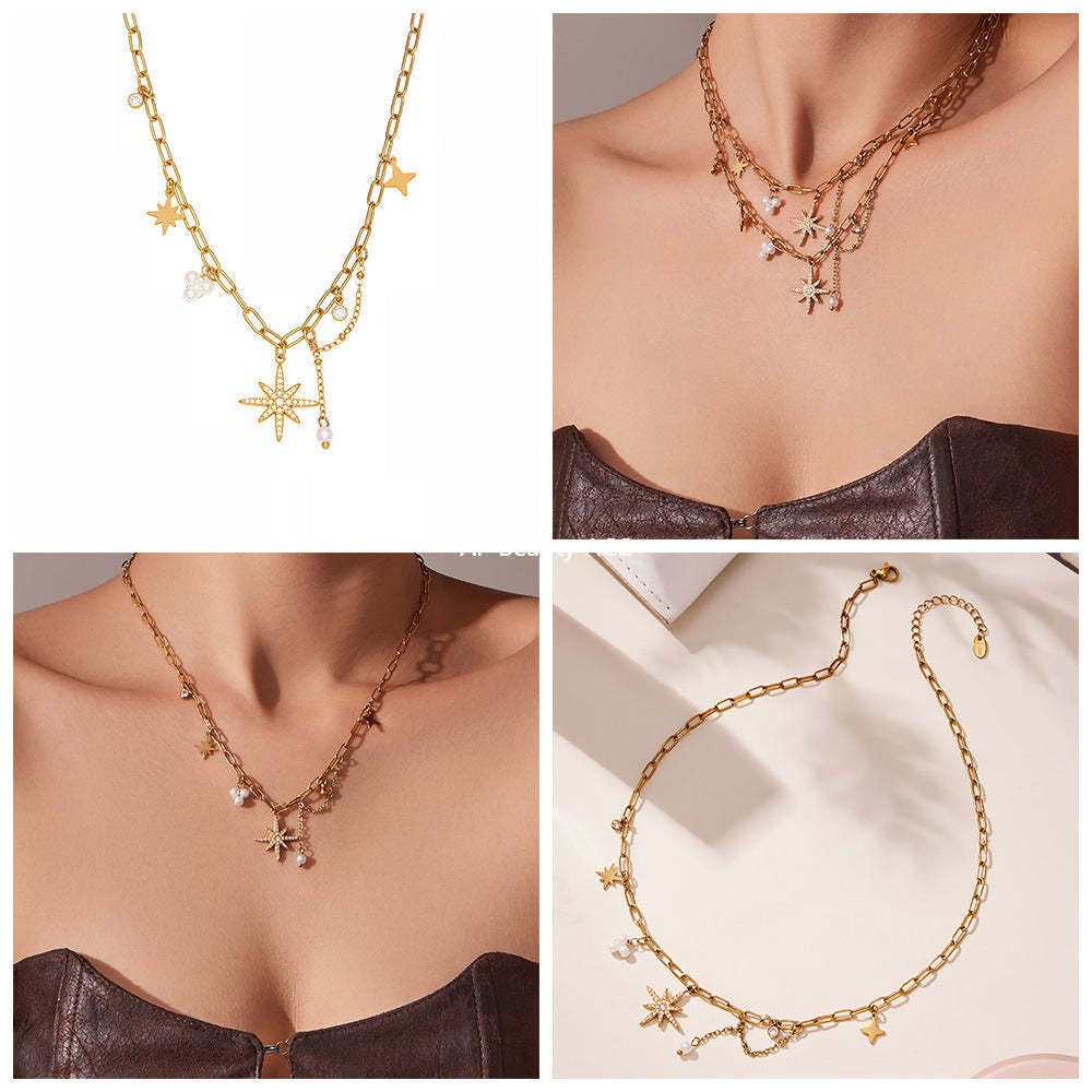 B廠-超閃八芒星5A鋯石吊墜手工鏈鎖骨項鍊不鏽鋼鍍18k真金飾品「P1154」25.11-4