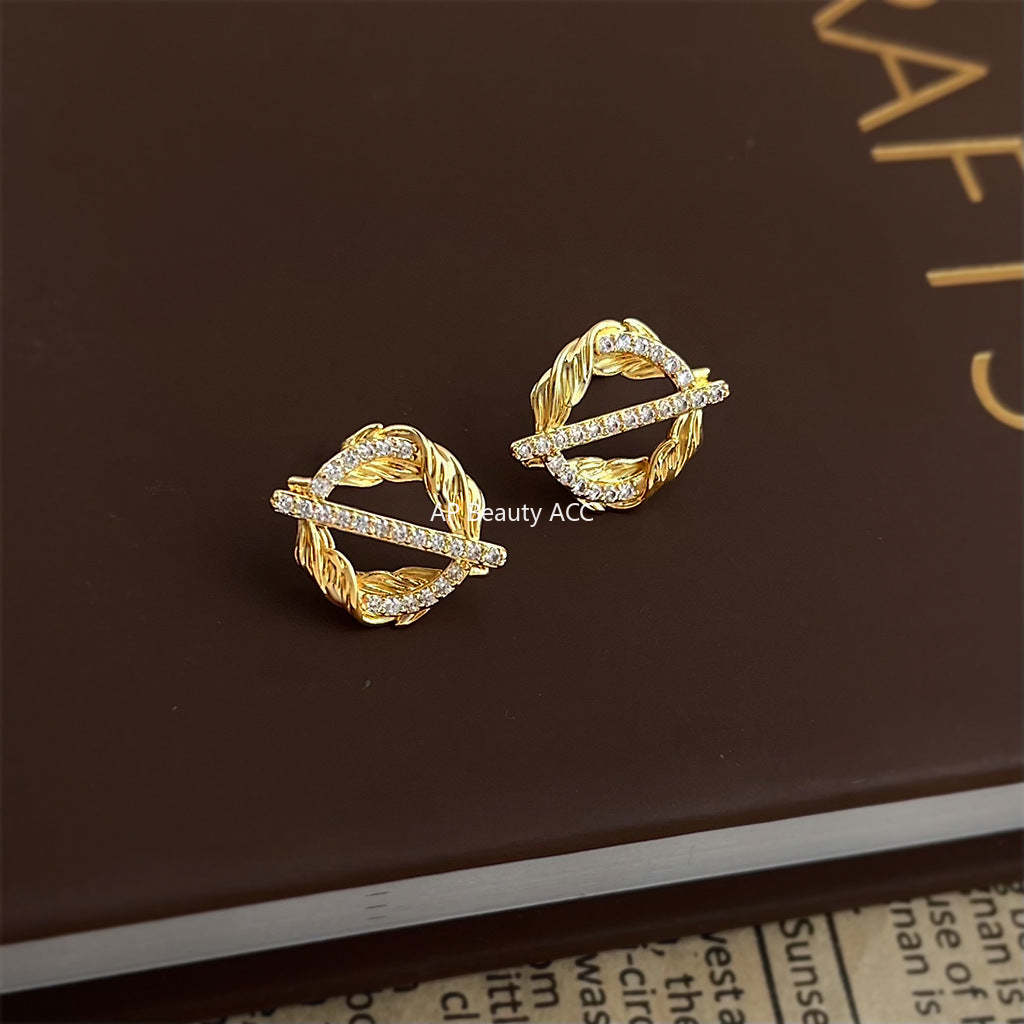 A廠-麥穗~原創設計微鑲鋯石925銀針新創意小眾個性圓形幾何耳飾耳釘「7153」25.11-4