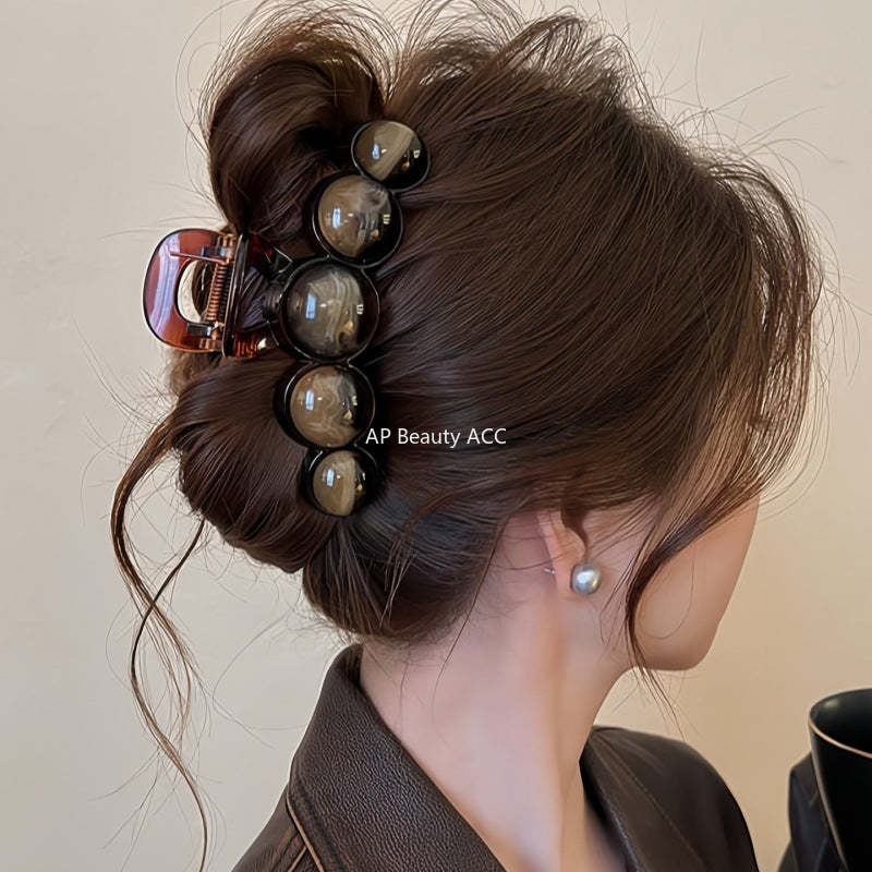 E廠-咖色高級感圓珠抓夾女2025新款高級感大號鯊魚夾後腦勺髮夾頭飾「27701」25.11-3