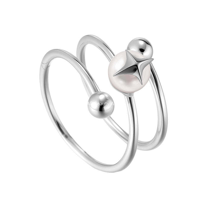 C廠-法式氣質名媛高級感珍珠戒指女百搭純銀疊戴風旋轉四芒星食指戒「JZ-0715」25.10-5