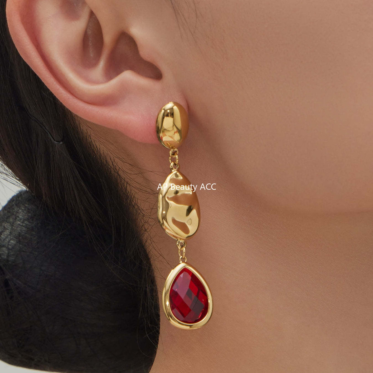 B廠-不鏽鋼空心水滴切面玻璃石耳環歐美小眾時尚高質感耳飾鍍18k真金「F764」25.12-1
