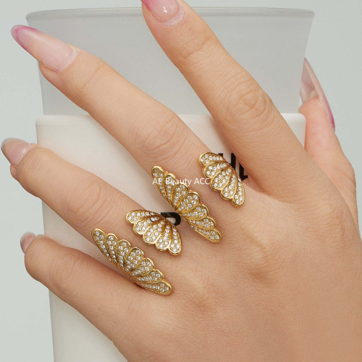 B廠-不鏽鋼百葉扇5A鋯石開口戒指鍍18k真金ins小眾設計指環輕奢手飾品「A386」25.12-3