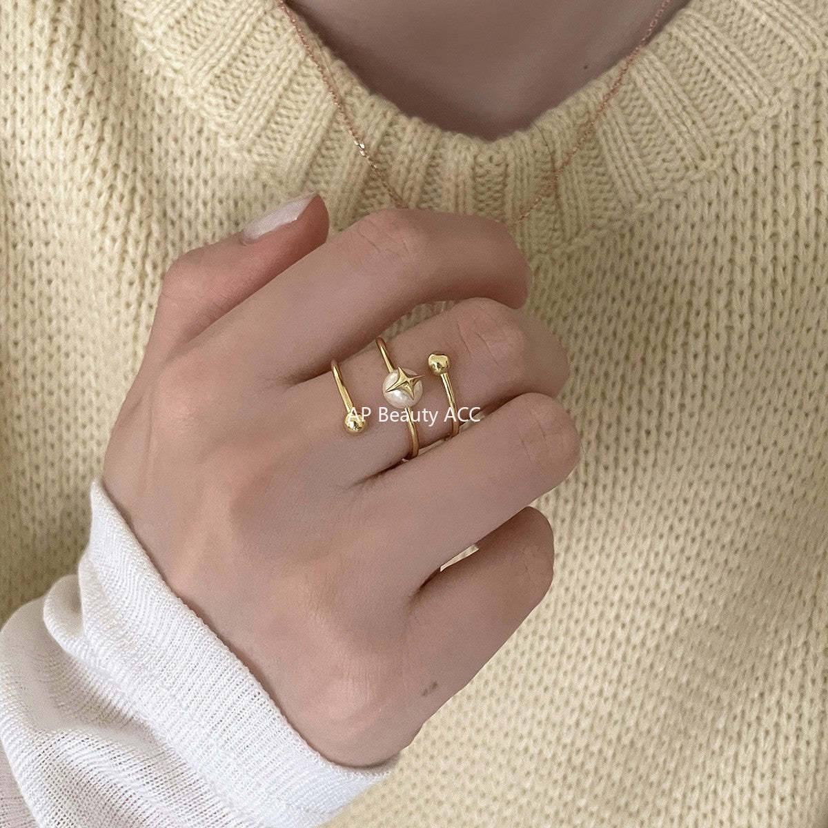 C廠-法式氣質名媛高級感珍珠戒指女百搭純銀疊戴風旋轉四芒星食指戒「JZ-0715」25.10-5