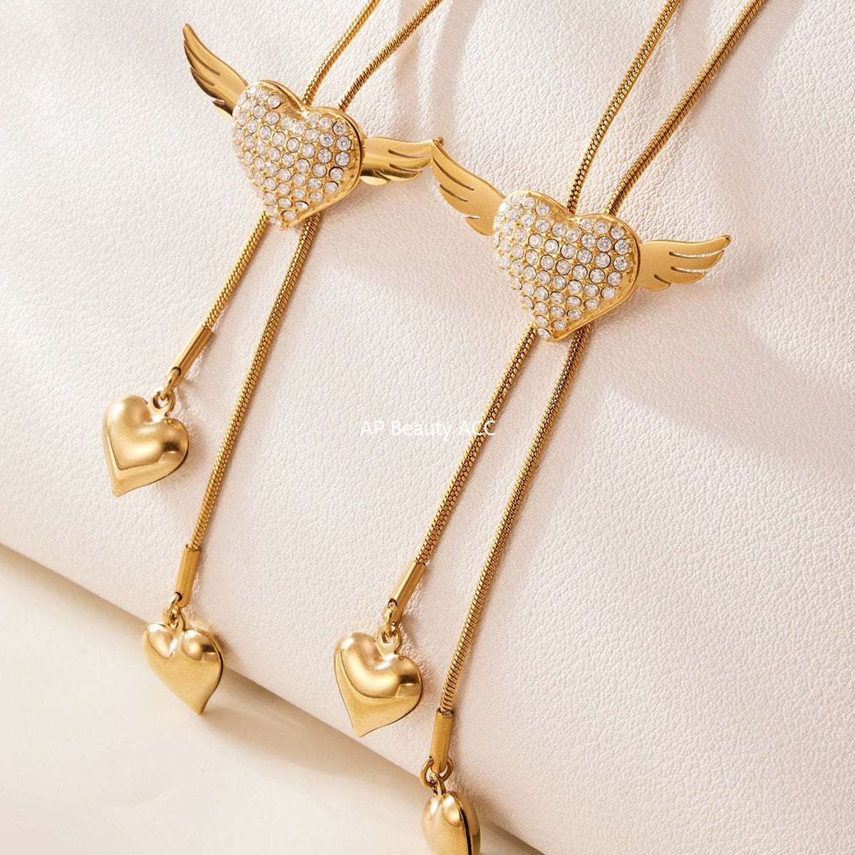 B廠-5A鋯石愛心翅膀抽拉項鍊個性ins冷淡風不鏽鋼流蘇項鍊批發「P1870」25.11-3