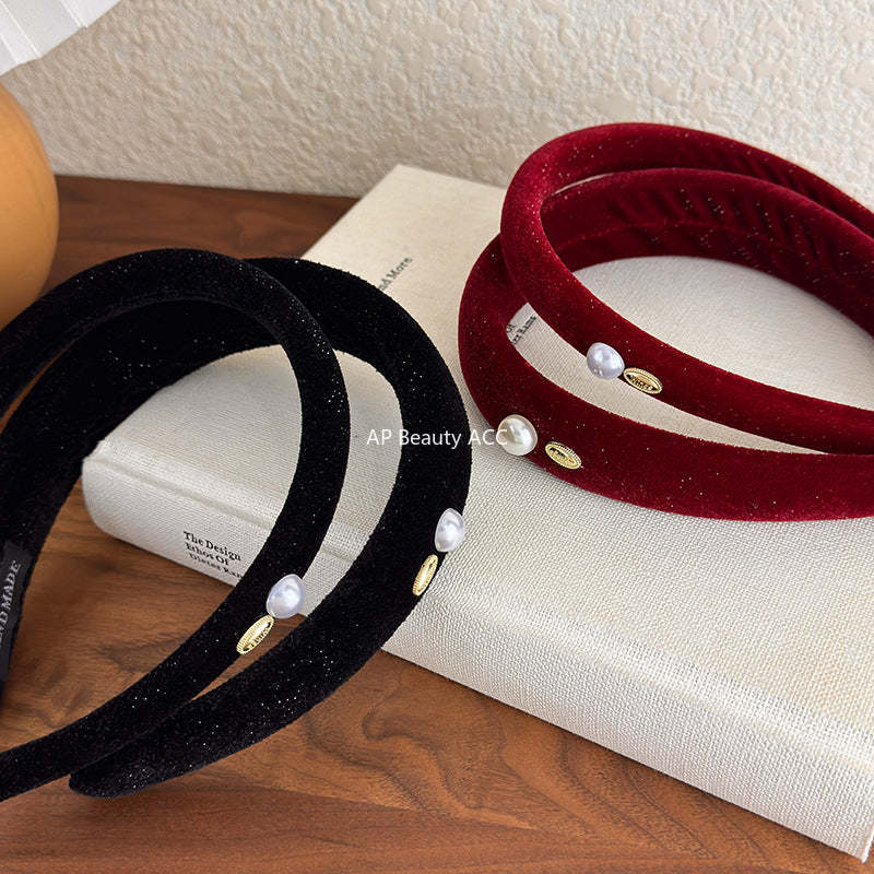 E廠-復古港風絲絨頭箍喜慶紅色絨面珍珠銘牌寬窄髮箍新款新年時尚髮卡「27822」25.12-3