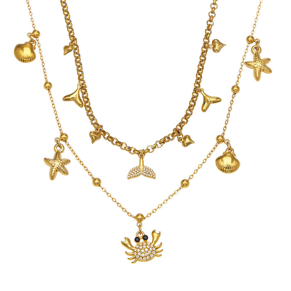 B廠-不鏽鋼DIY熱銷新款貝殼螃蟹5A鋯石帶鑽吊墜海洋沙灘風項鍊「P826」25.11-4