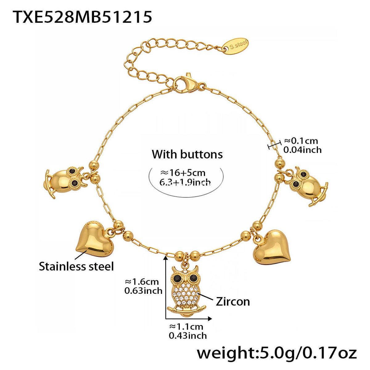 B廠-不鏽鋼貓頭鷹鑲鋯石DIY多配件愛心吊墜項鍊手鍊首飾套裝鍍18k真金「TXP528」25.12-3