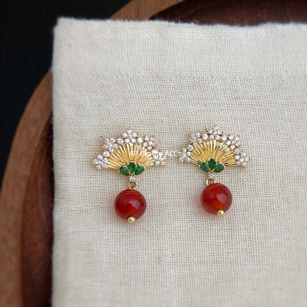 A廠-原創設計新中式微鑲鋯石925銀針扇形紅瑪瑙民族風新款耳飾耳環「7041」25.11-1