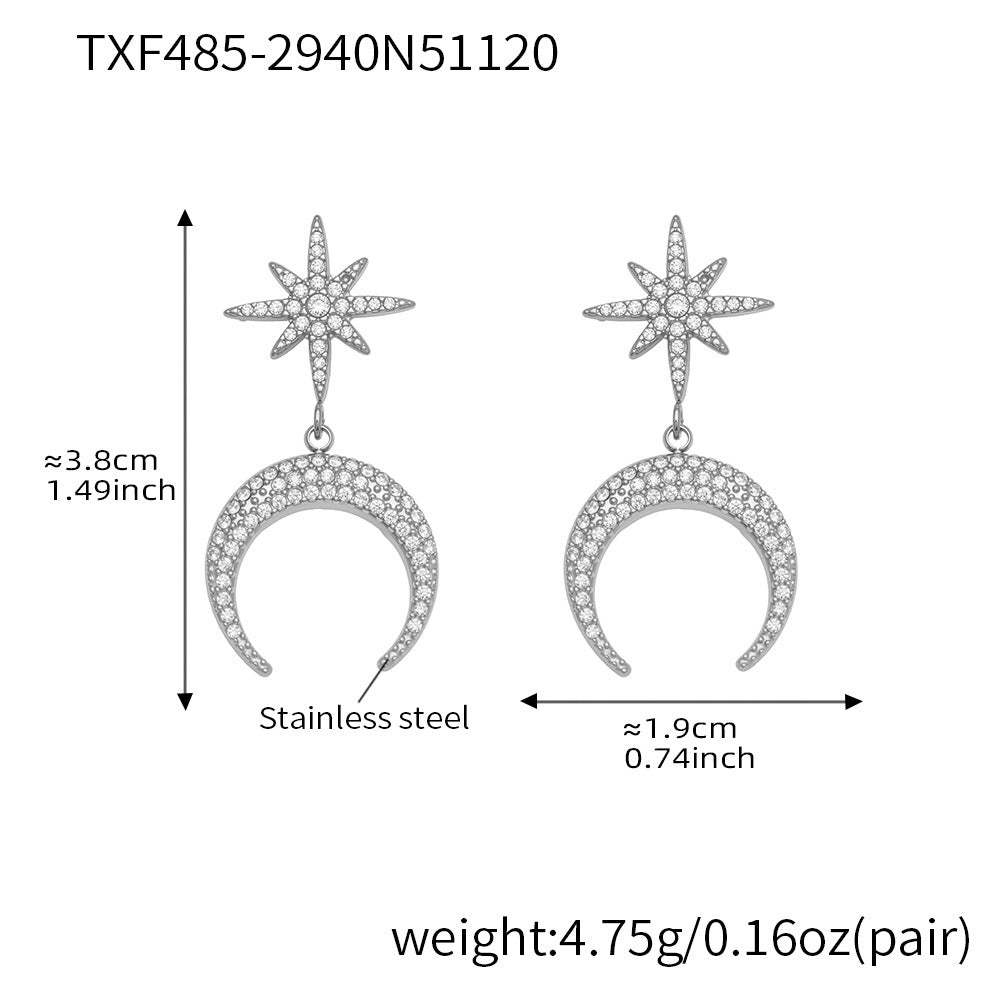 B廠-歐美熱銷新品不鏽鋼5A鋯石八芒星月牙吊墜耳環項鍊首飾套裝「TXP485」25.11-4