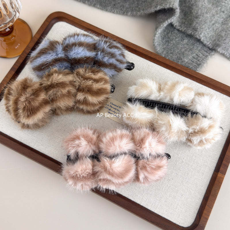 E廠-韓系虎斑豹紋毛絨香蕉夾毛絨絨竪夾高級感盤髮夾馬尾竪夾半扎髮抓「27619」25.10-5