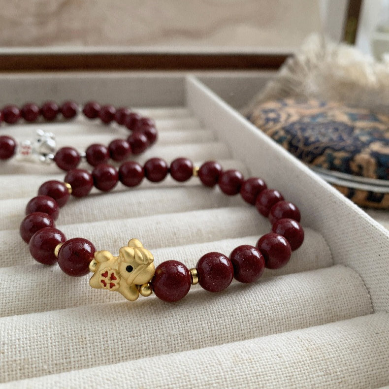 C廠-高含量天然朱砂手鍊女本命年屬馬生肖馬年琺瑯四葉草紫金砂手串「1638」25.12-3