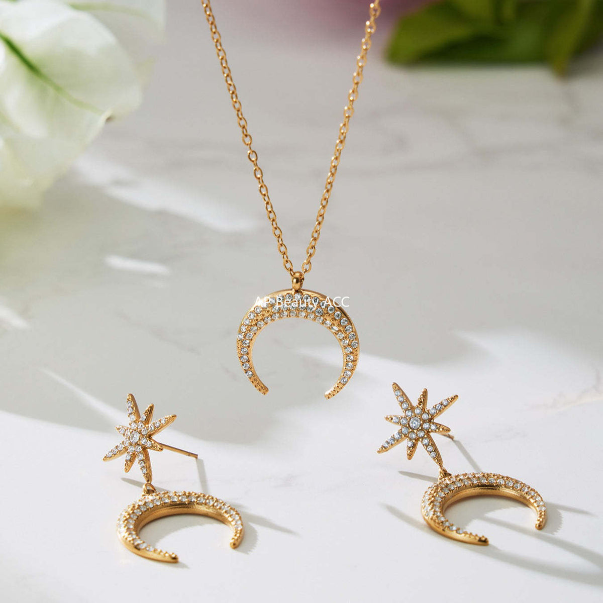 B廠-歐美熱銷新品不鏽鋼5A鋯石八芒星月牙吊墜耳環項鍊首飾套裝「TXP485」25.11-4