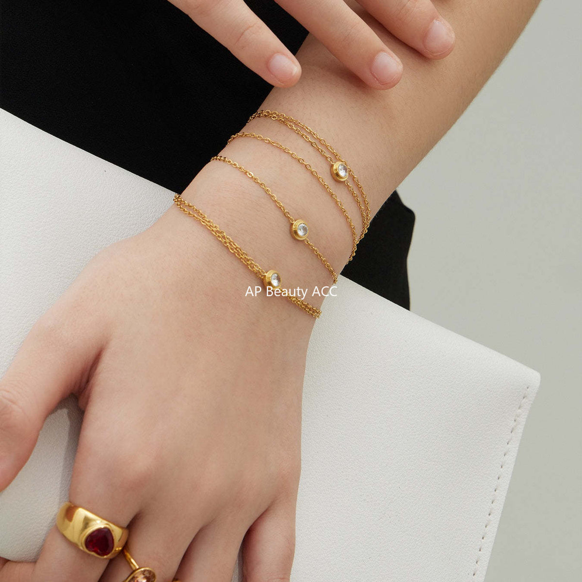 B廠-不鏽鋼單鑽鋯石雙層手鍊鍍18k真金 INS冷淡風疊戴氣質新款手飾女「E198」25.12-3