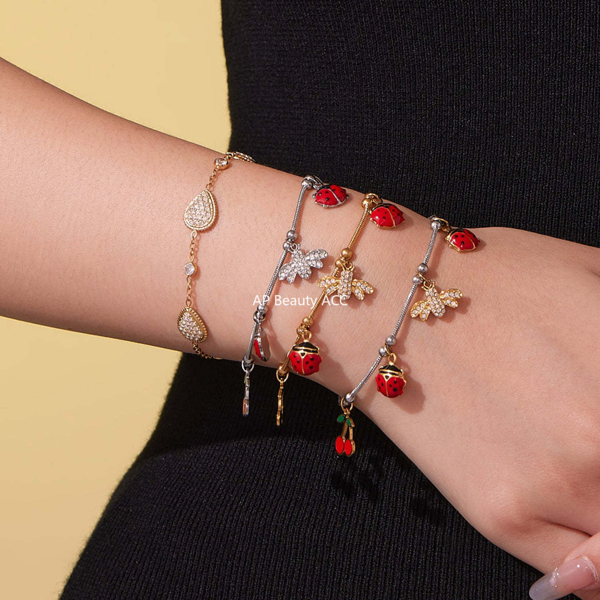 B廠-超閃5A鋯石蜜蜂昆蟲DIY多吊墜手鍊可愛櫻桃不鏽鋼材質飾品「E130-E160」25.10-5