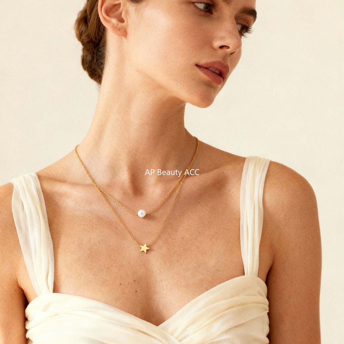 B廠-不鏽鋼星星貝珠設計感雙層項鍊 歐美通勤疊戴鍍18K金百搭個性首飾「P001」25.12-1