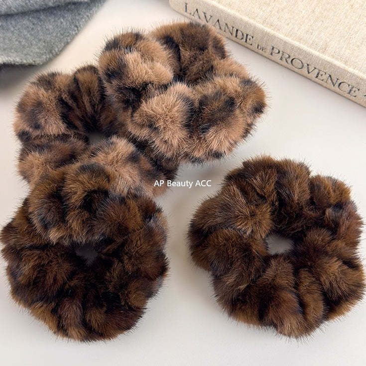 E廠-韓系秋冬毛絨豹紋大腸髮圈女高級感氣質扎頭髮馬尾頭繩髮繩髮飾「27635」25.11-1