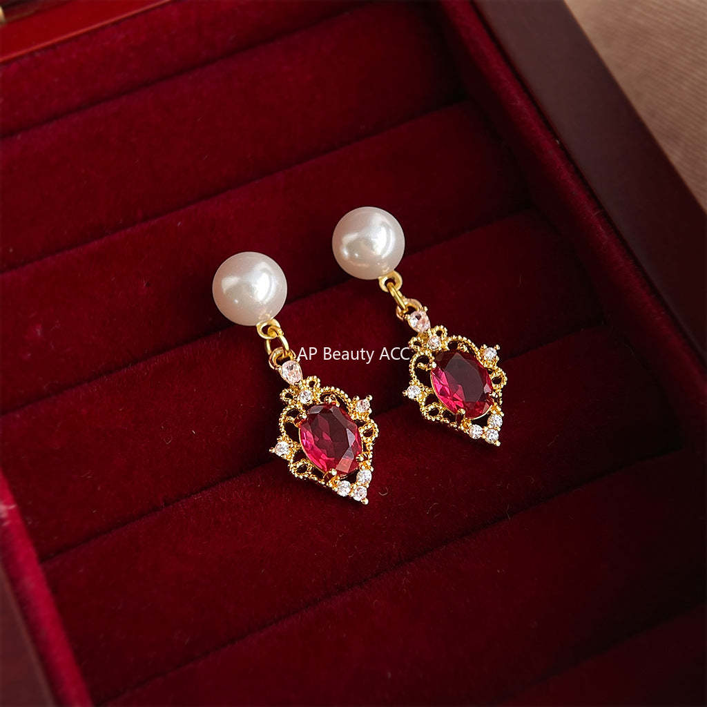 A廠-港風法式文藝復古鋯石高級感玻璃珍珠耳環女氣質簡約幾何耳飾工廠「7087」25.11-3