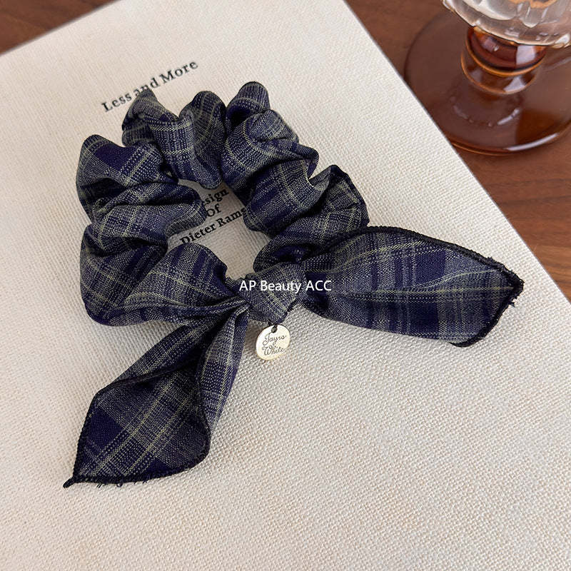 E廠-復古格紋學院風蝴蝶結髮圈減齡時尚百搭髮繩皮筋小腸髮圈頭飾品「27646」25.11-1