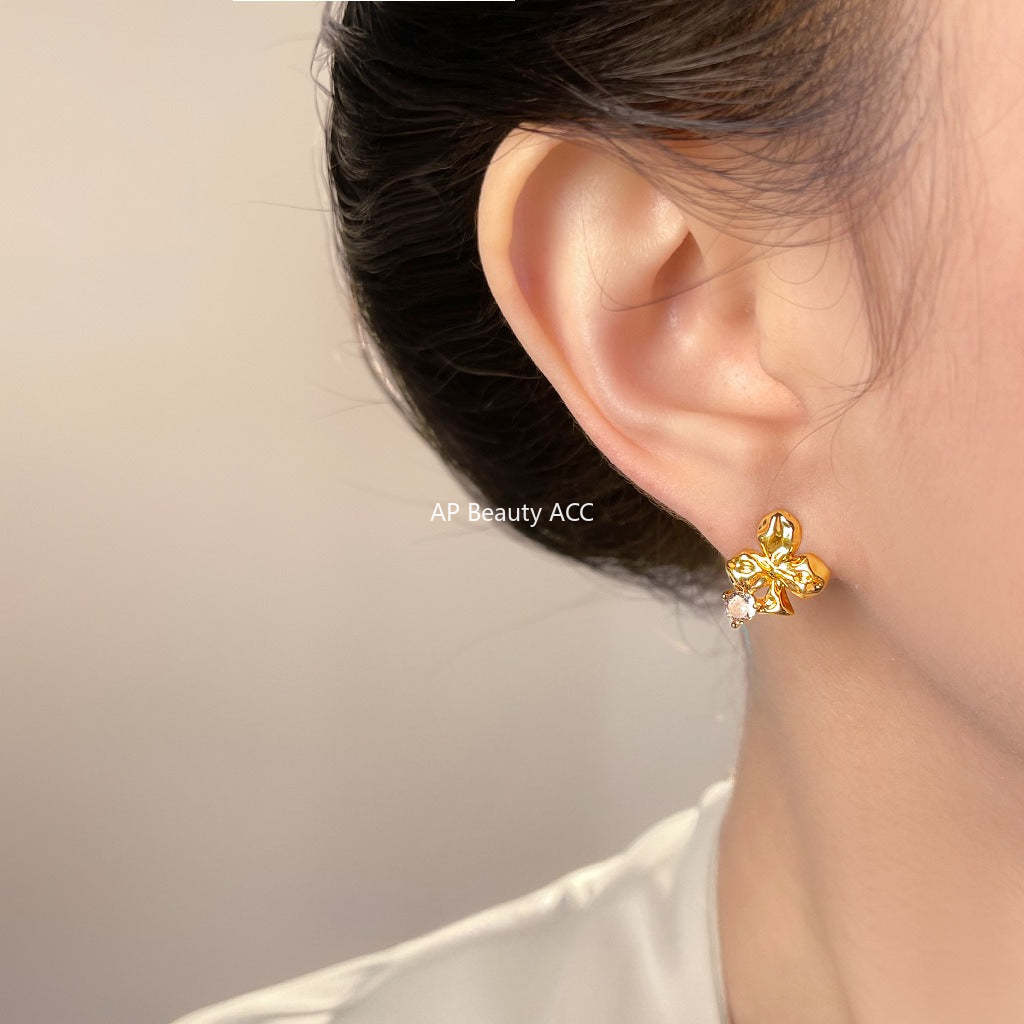 A廠-原廠梅花微鑲鋯石925銀針鍍14K時尚通勤簡約個性新款耳飾耳釘「7137」25.12-1