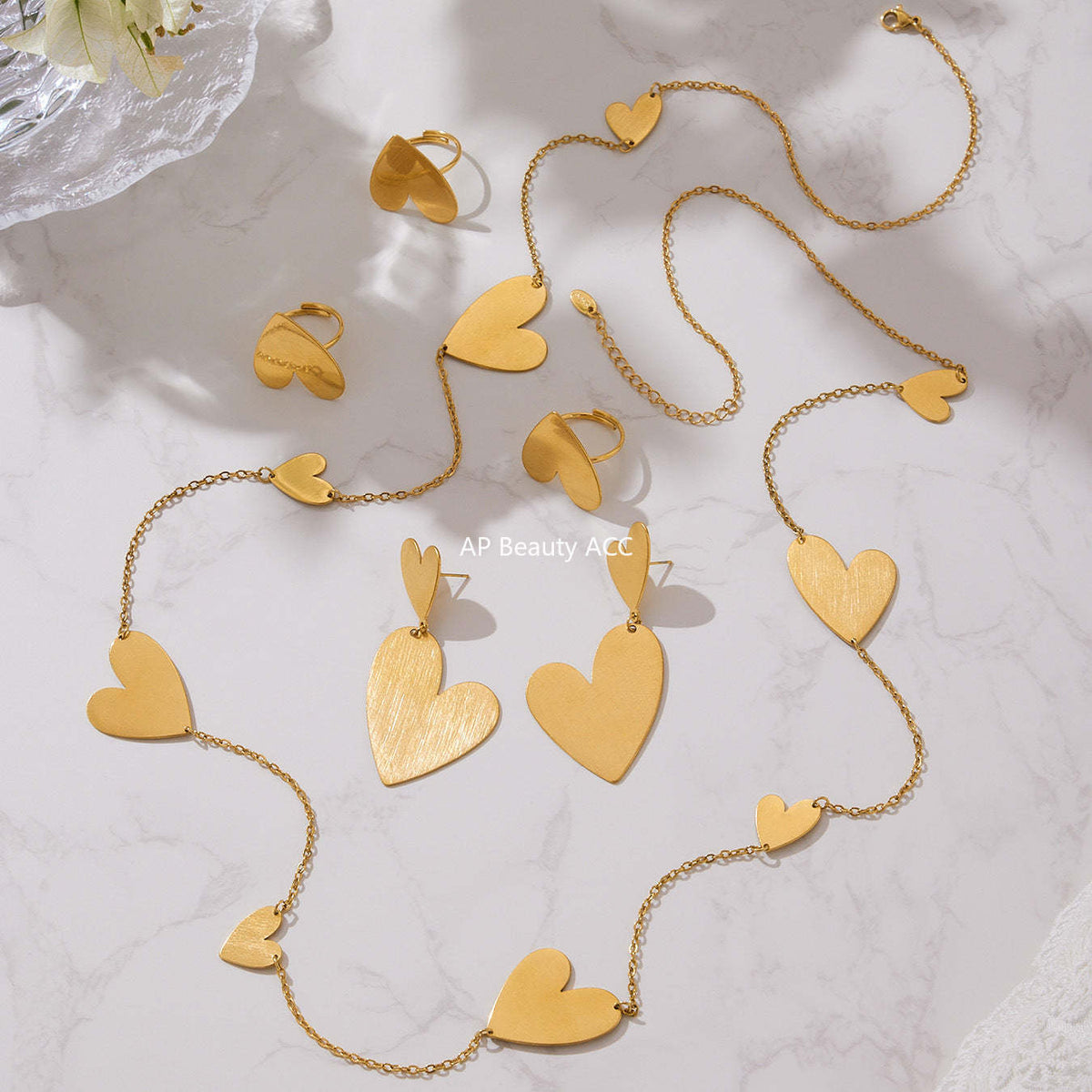 B廠-不鏽鋼大小愛心質感耳環戒指毛衣鏈跨境飾品套裝鍍18k真金「TXP462」25.10-5