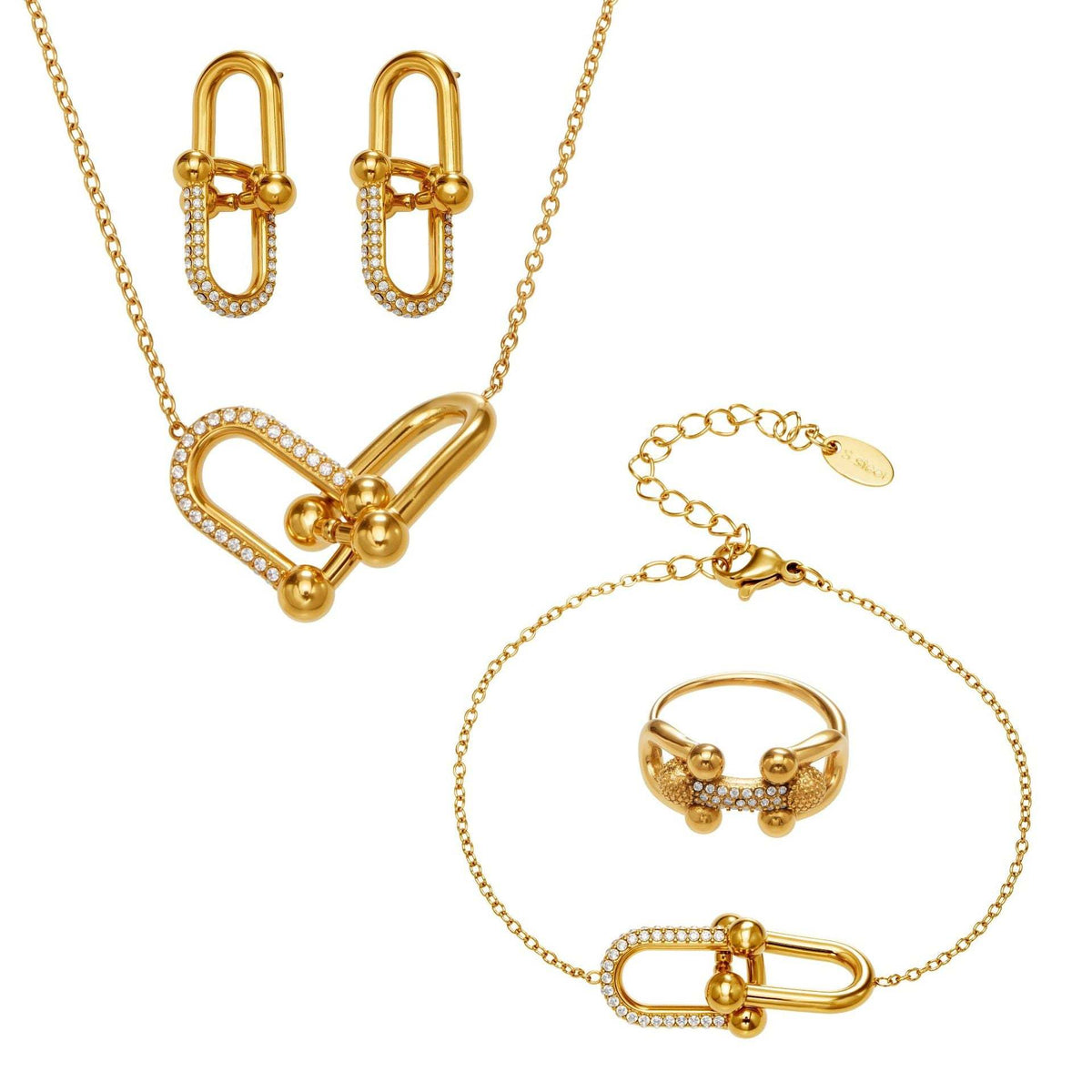 B廠-不鏽鋼馬蹄扣帶鑽飾品耳環戒指手鍊項鍊首飾套裝鍍18k真金不掉色「TXP501」25.11-4