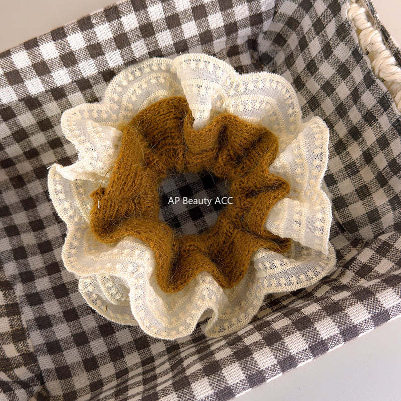 E廠-韓系慵懶風毛線針織蕾絲花邊雙層大腸髮圈女扎頭髮丸子頭髮繩頭繩「27716」25.11-4