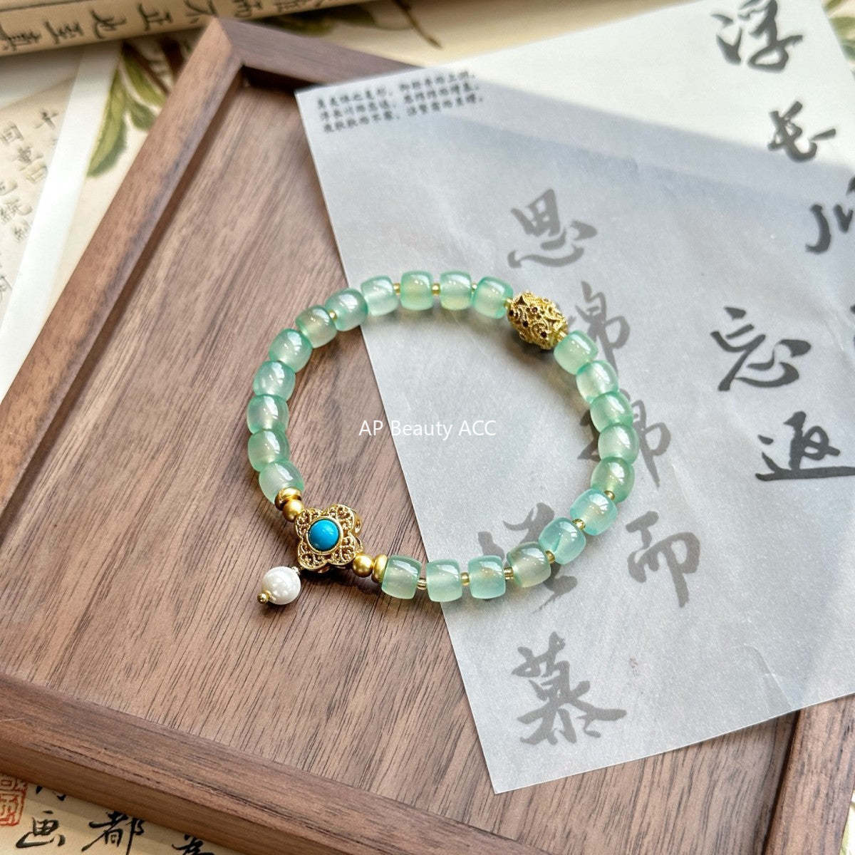 AS廠-天然綠玉髓老型珠施家珍珠設計款綠松新中式復古批發廠家直銷「l2959」25.10-5