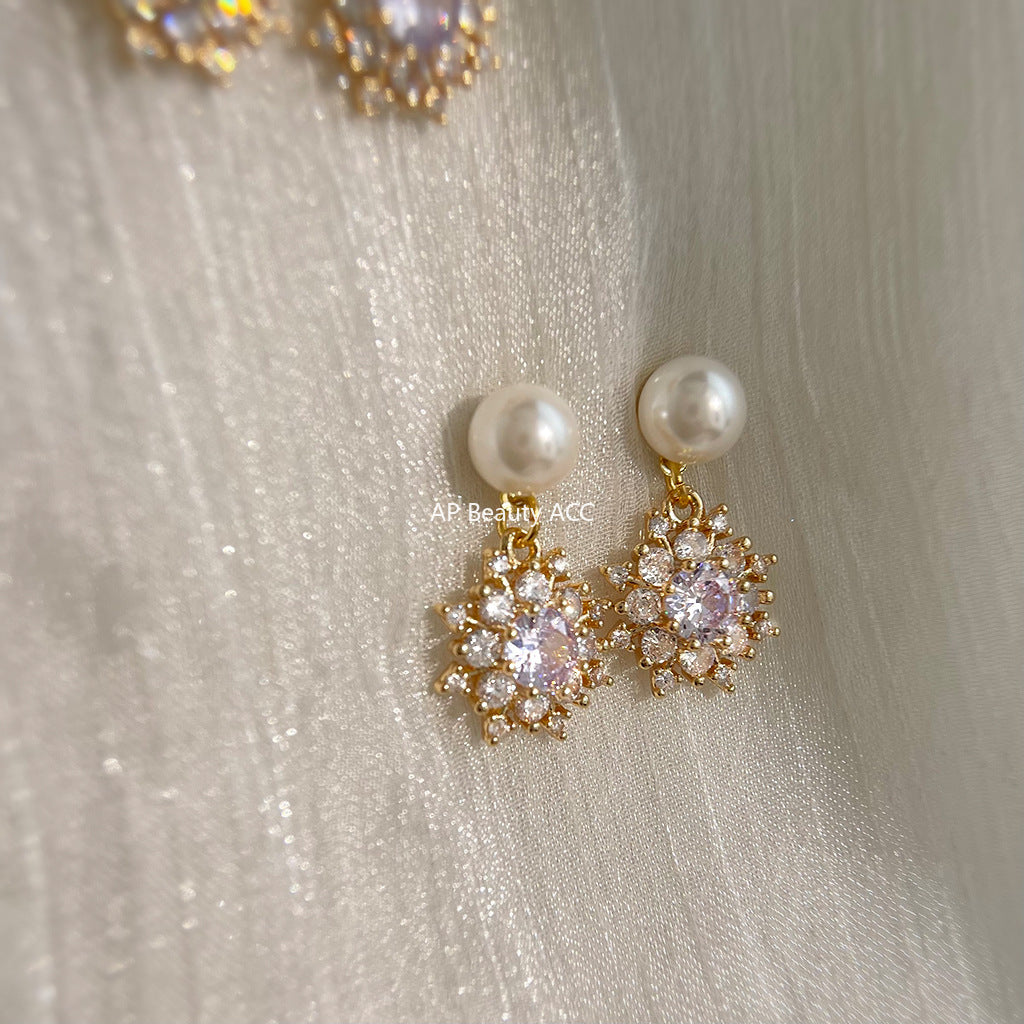A廠-時尚輕奢高級感鋯石雪花珍珠耳環氣質唯美新款手工耳環「7078」25.11-2