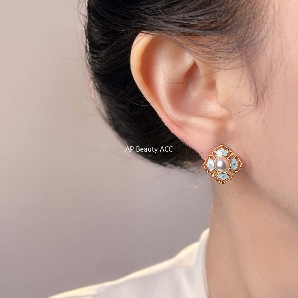 A廠-原創新中式紋樣 925銀針琺瑯滴釉復古花紋宮廷耳釘「7151」25.12-1